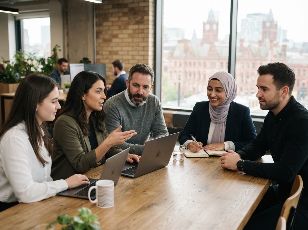 先進的デジタルバンク team reviewing UK market data and compliance parameters